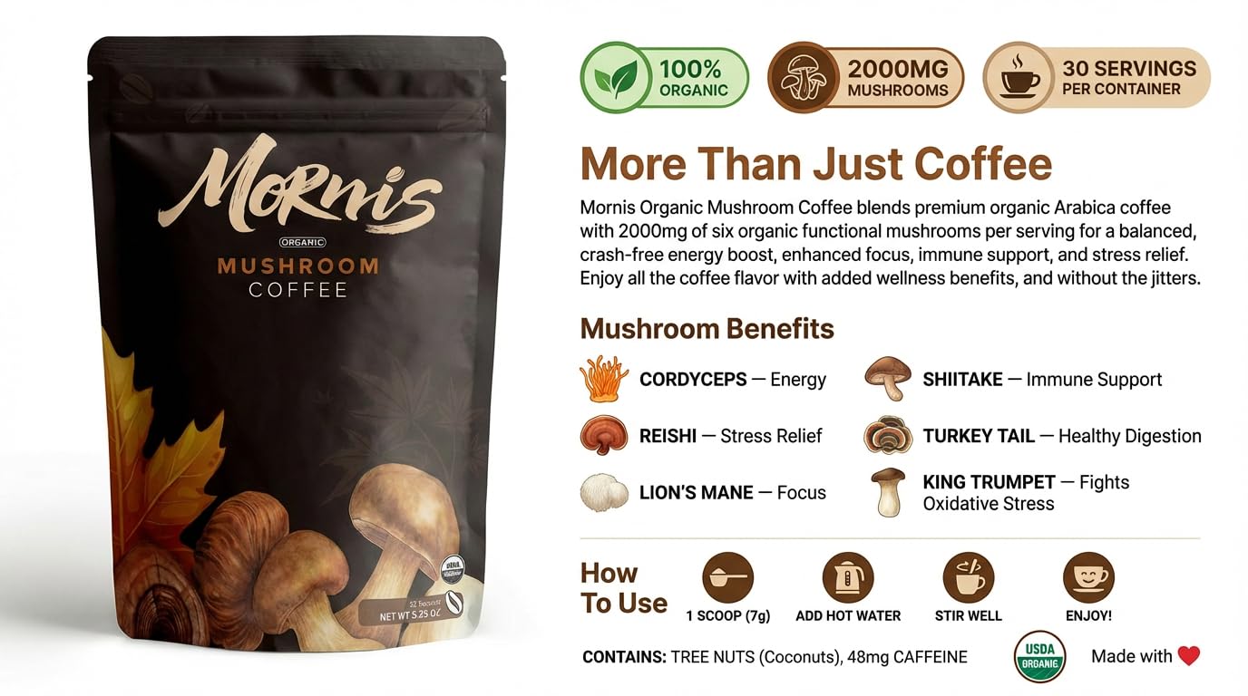 Mushroom Coffee 6 Adaptogenic Mushrooms USDA Organic Instant Coffee MCT Oil USA Grown Better Energy, Focus, Digestion, Immunity Cordyceps, Lion’s Mane, Turkey Tail 30 servings 6.35 Oz