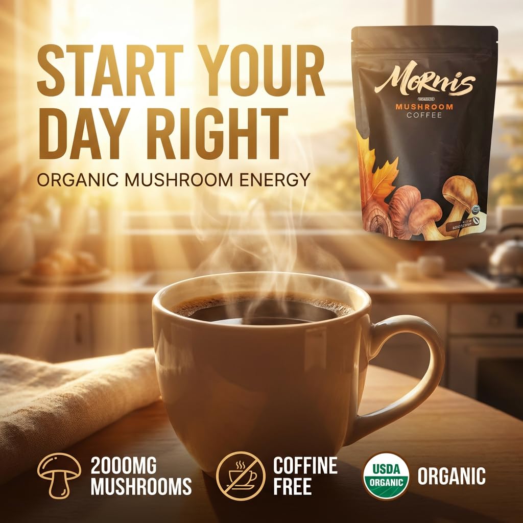 Mushroom Coffee 6 Adaptogenic Mushrooms USDA Organic Instant Coffee MCT Oil USA Grown Better Energy, Focus, Digestion, Immunity Cordyceps, Lion’s Mane, Turkey Tail 30 servings 6.35 Oz