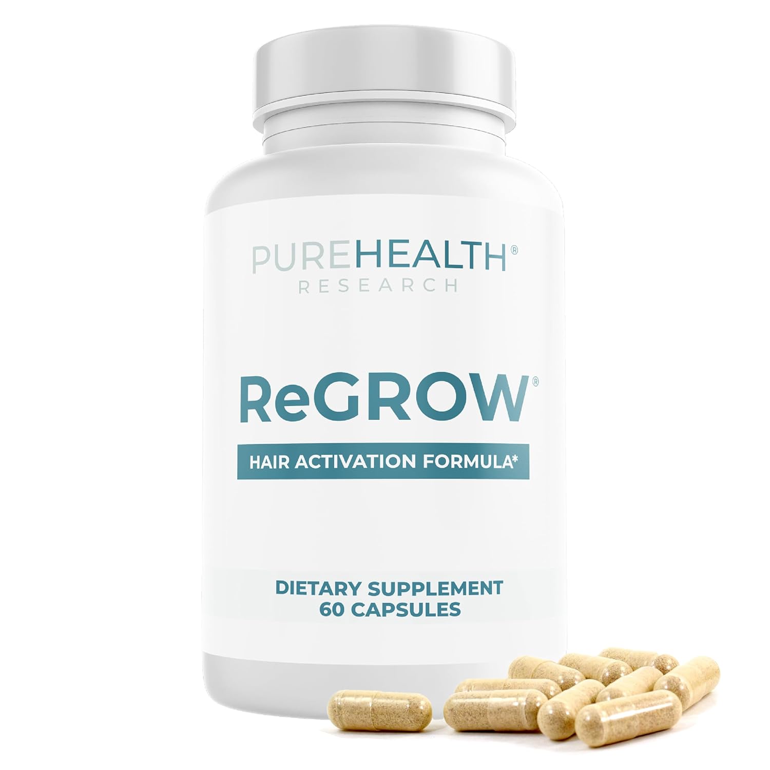 PUREHEALTH RESEARCH ReGrow - Hair Growth Vitamins - Hair Supplement for Scalp & Thickness Support - with Saw Palmetto, Biotin, Hydrolyzed Bovine Collagen, Hydrolyzed Keratin & More - 60 Capsules