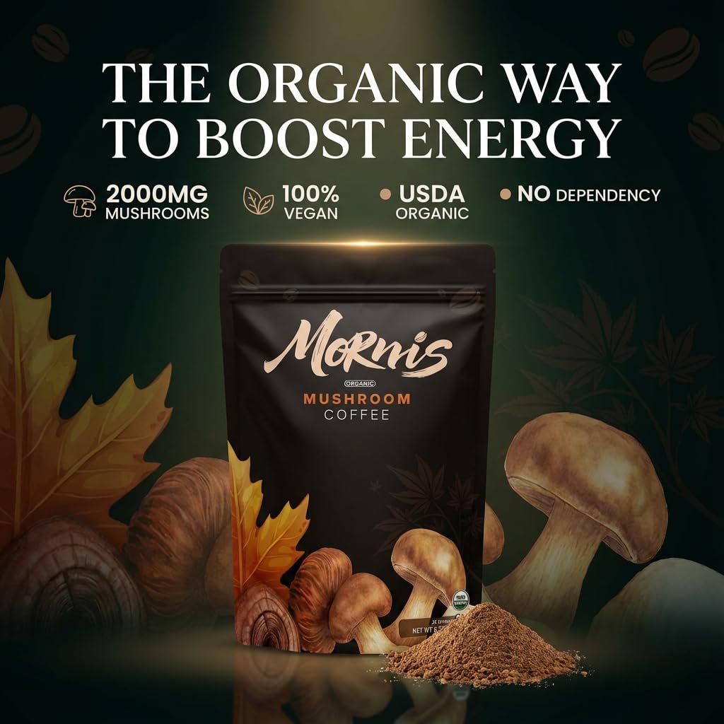 Mushroom Coffee 6 Adaptogenic Mushrooms USDA Organic Instant Coffee MCT Oil USA Grown Better Energy, Focus, Digestion, Immunity Cordyceps, Lion’s Mane, Turkey Tail 30 servings 6.35 Oz