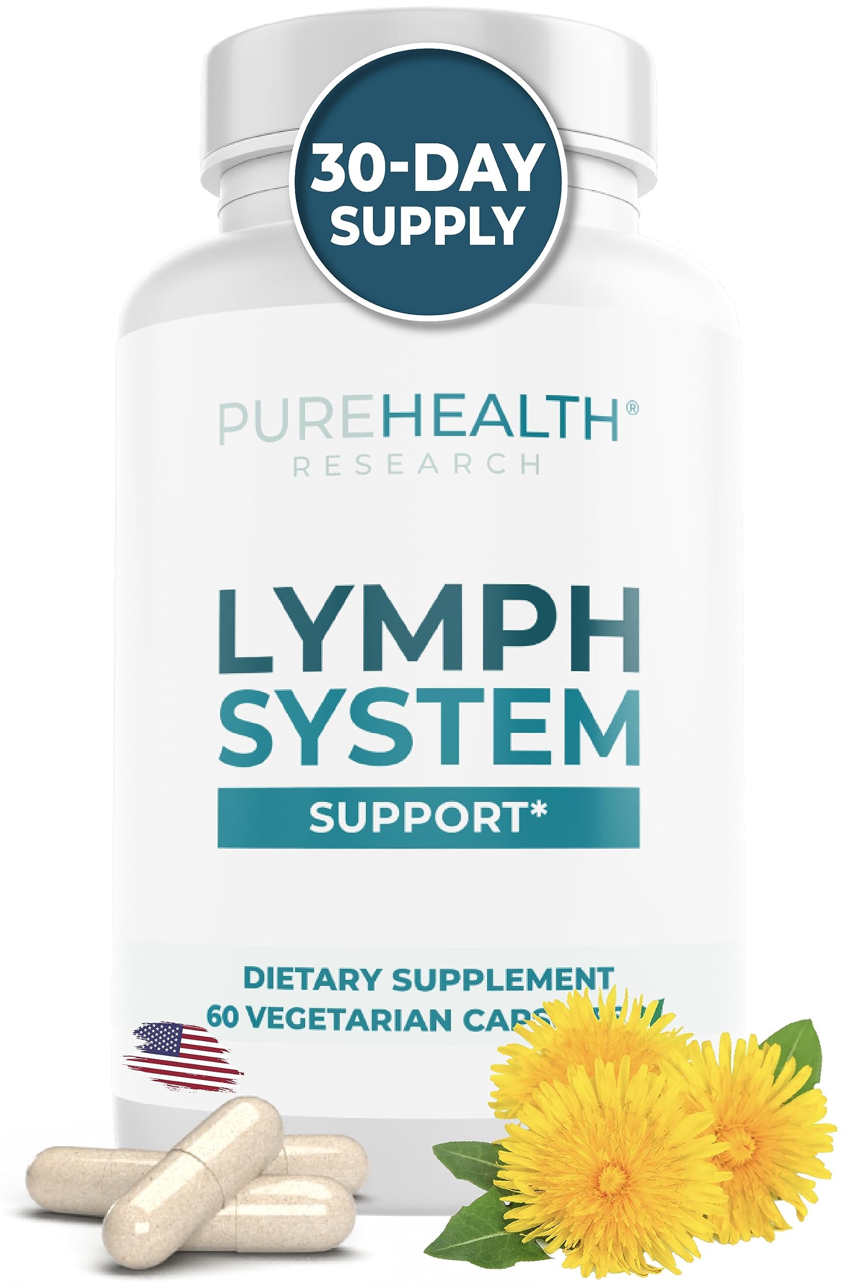 PUREHEALTH RESEARCH Lymph System Support - Lymphatic Drainage Supplement for Women & Men - Bromelain, Echinacea, Dandelion, Burdock Root, Lemon Powder, Kelp, Cleavers & More - 60 Capsules