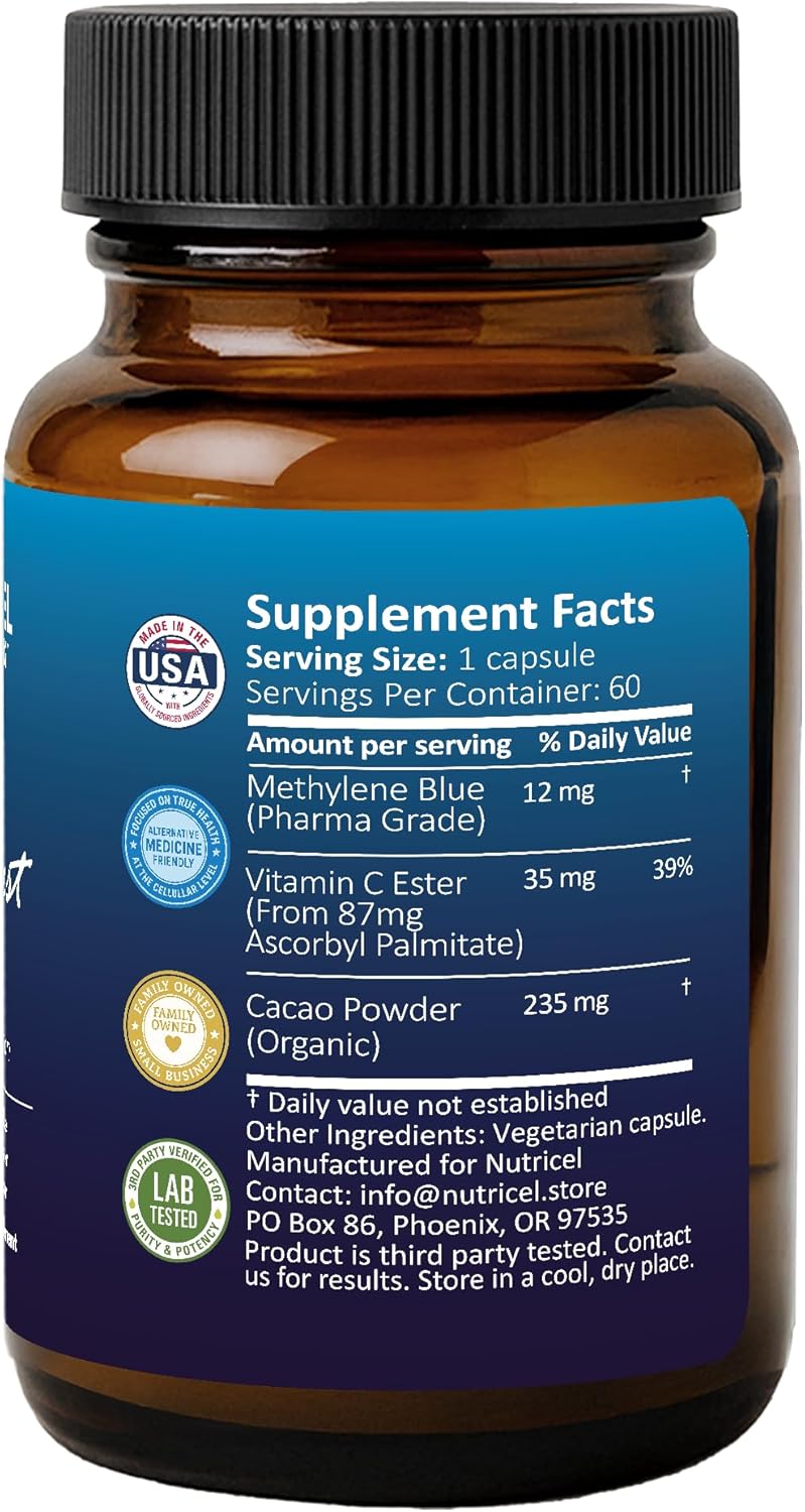 Nutricel Supplements Methylene Blue Capsules - Pharmaceutical Grade Supplement - Made in America - 12mg (USP Grade) with Vitamin C Ester Enhanced Absorption - Third Party Tested (60ct)