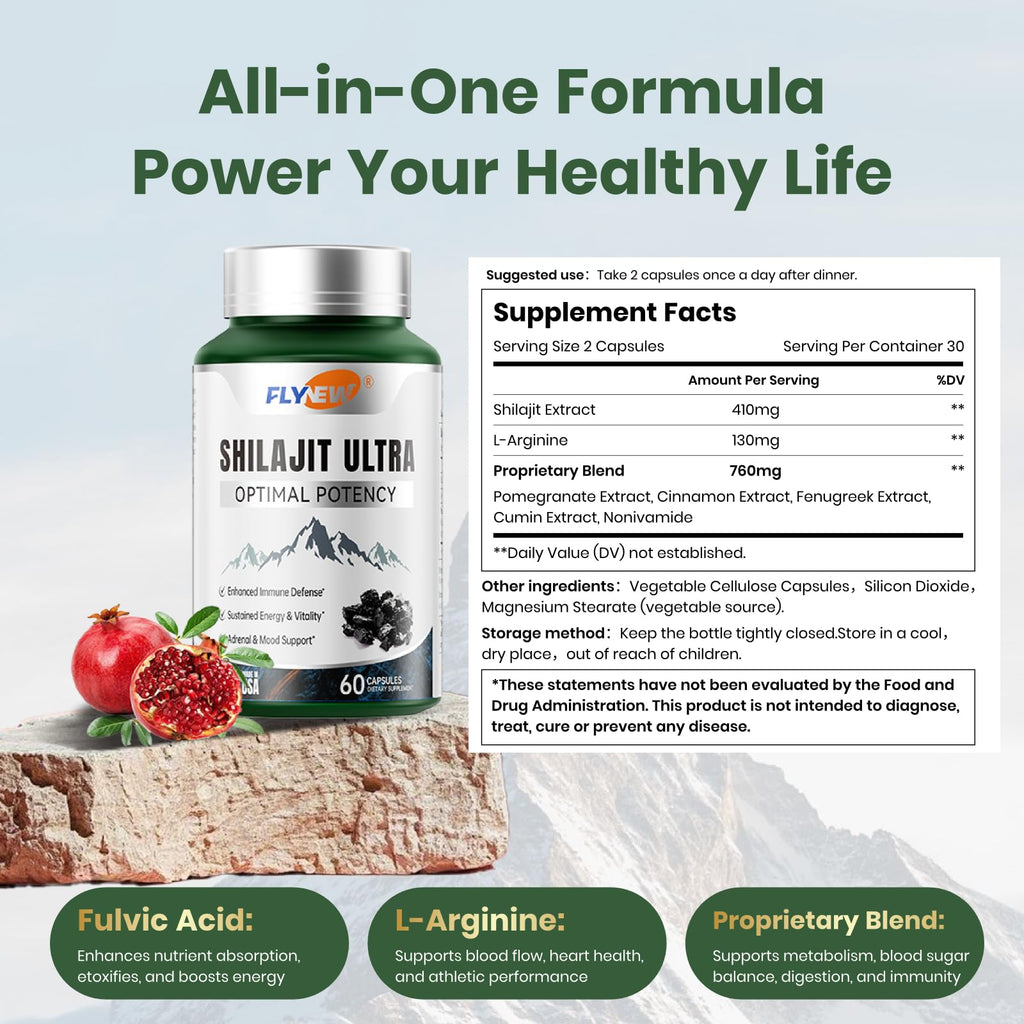 Shilajit for Men Women, Shilajit with Naturally Fulvic Acid & L-Arginine, Himalayan Shilajits for Extra Power, Stamina & Immune Support, Non-GMO, Made in USA, 60 Capsules