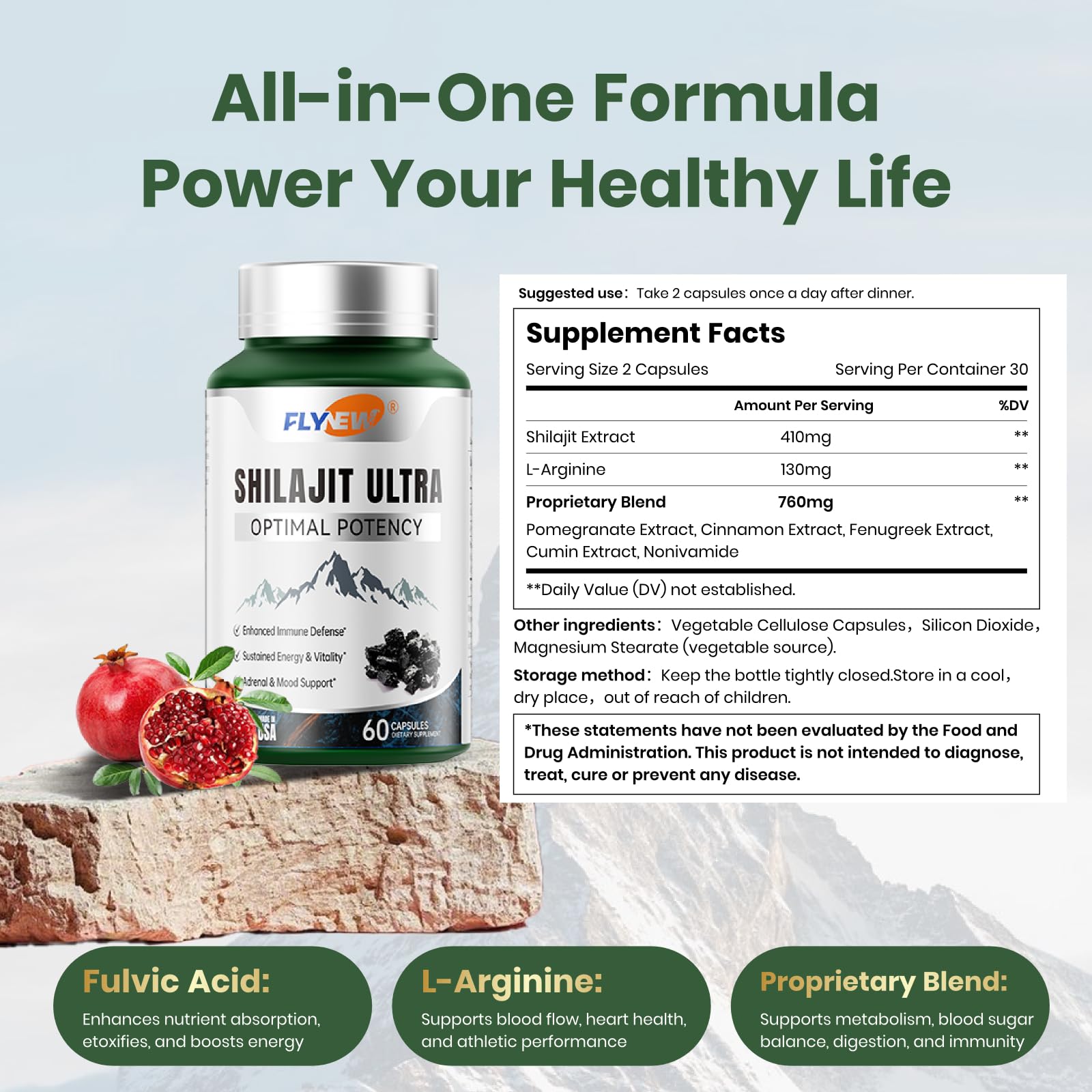 Shilajit for Men Women, Shilajit with Naturally Fulvic Acid & L-Arginine, Himalayan Shilajits for Extra Power, Stamina & Immune Support, Non-GMO, Made in USA, 60 Capsules
