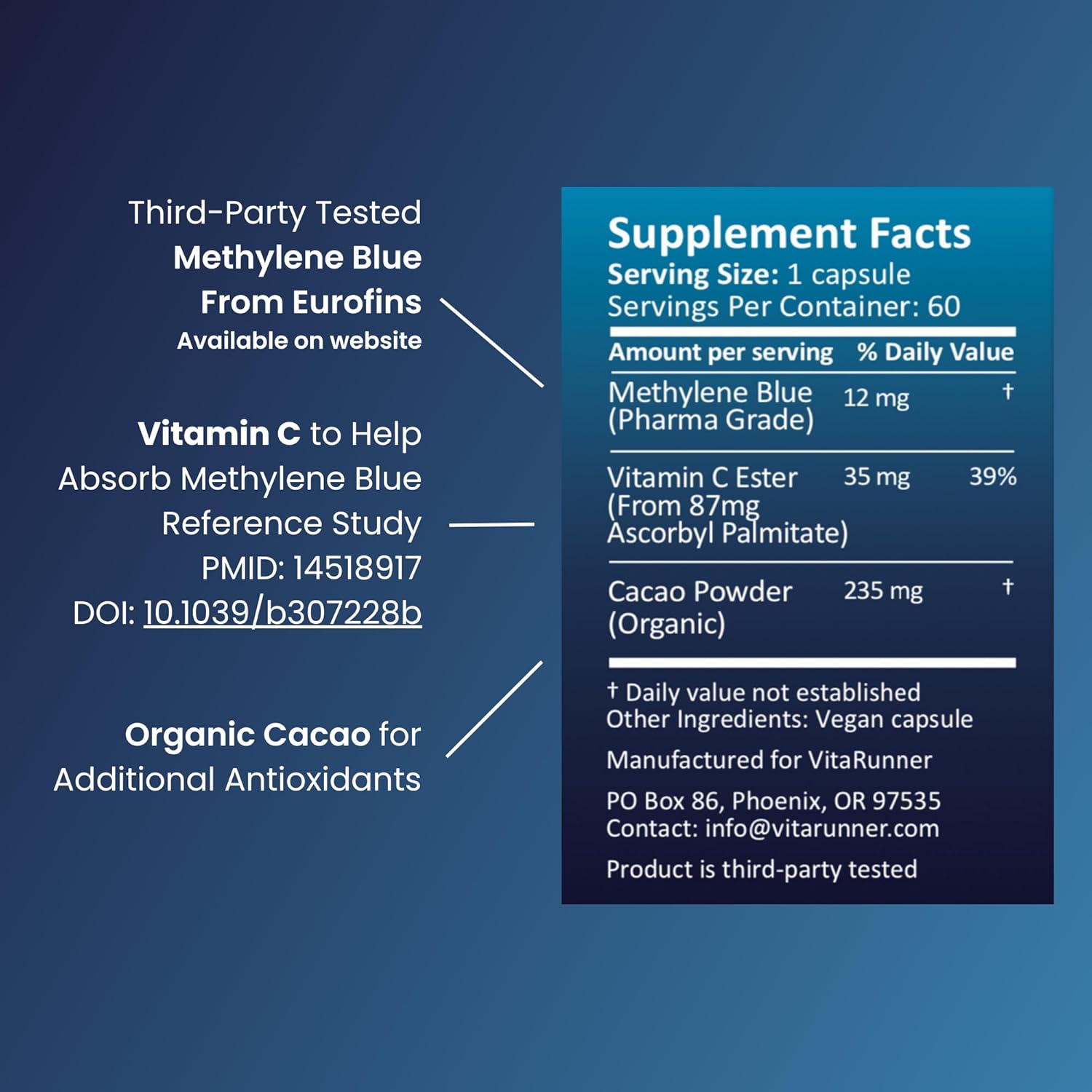 Nutricel Supplements Methylene Blue Capsules - Pharmaceutical Grade Supplement - Made in America - 12mg (USP Grade) with Vitamin C Ester Enhanced Absorption - Third Party Tested (60ct)