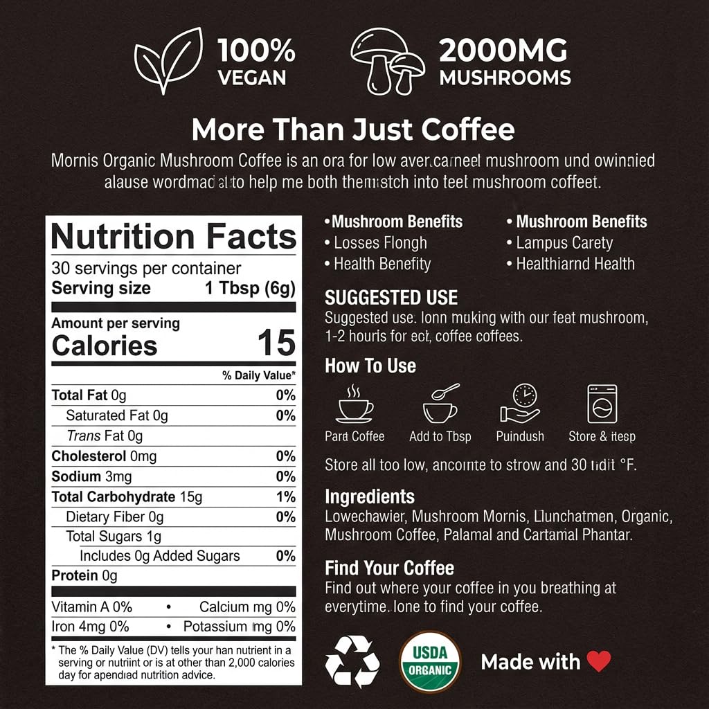 Mushroom Coffee 6 Adaptogenic Mushrooms USDA Organic Instant Coffee MCT Oil USA Grown Better Energy, Focus, Digestion, Immunity Cordyceps, Lion’s Mane, Turkey Tail 30 servings 6.35 Oz