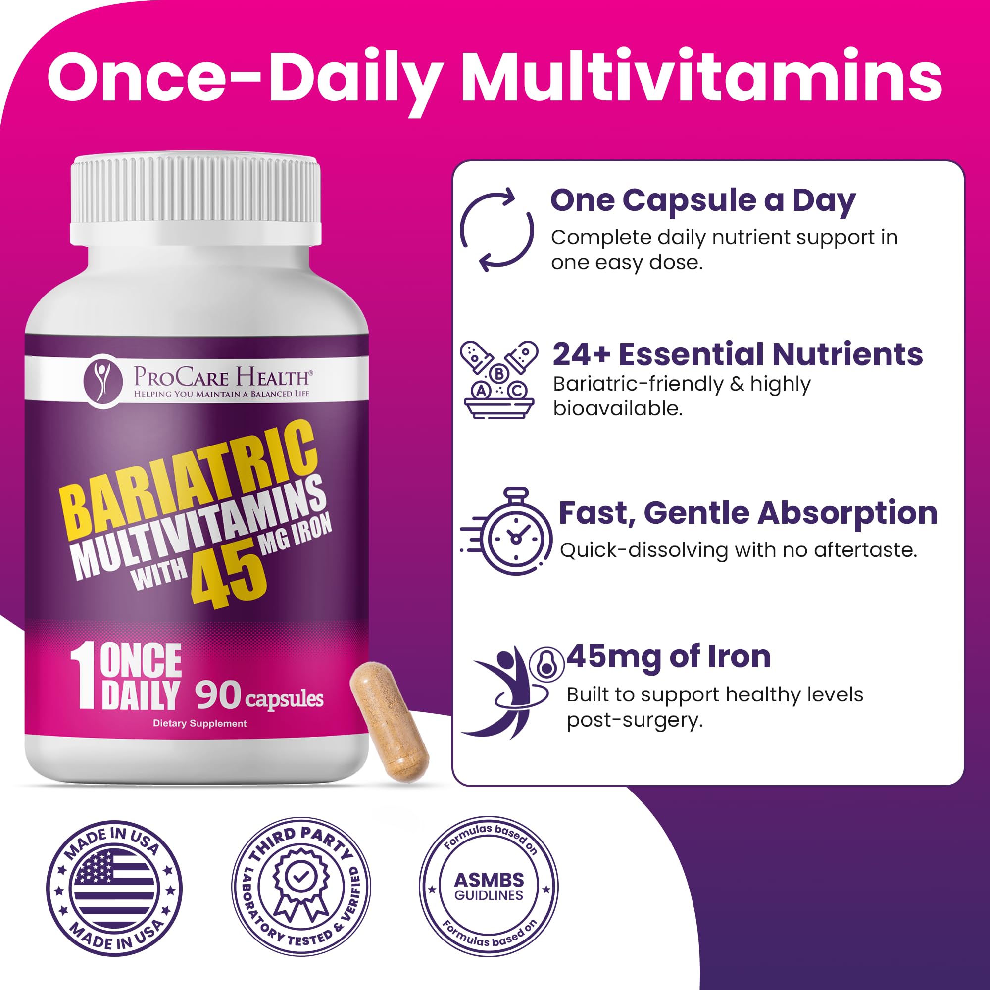 ProCare Bariatric Multivitamin 45mg Iron, 90 Capsules, Once Daily