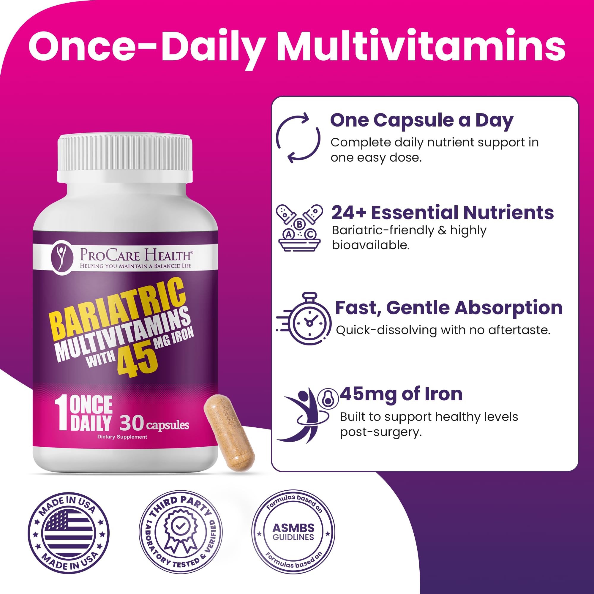 ProCare Bariatric Multivitamin 45mg Iron, 90 Capsules, Once Daily
