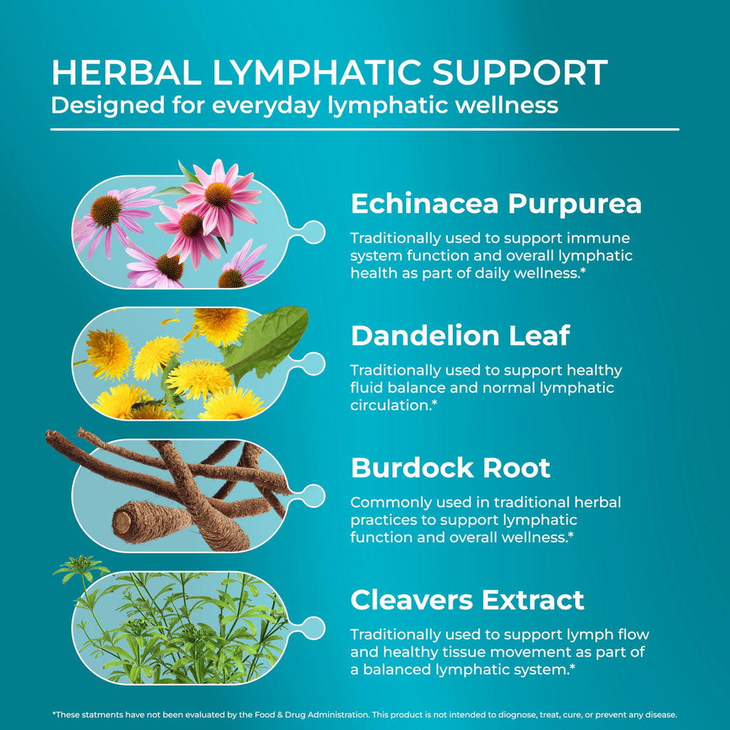PUREHEALTH RESEARCH Lymph System Support - Lymphatic Drainage Supplement for Women & Men - Bromelain, Echinacea, Dandelion, Burdock Root, Lemon Powder, Kelp, Cleavers & More - 60 Capsules