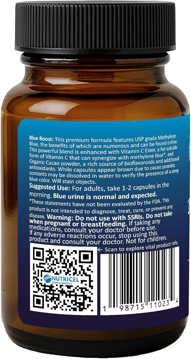 Nutricel Supplements Methylene Blue Capsules - Pharmaceutical Grade Supplement - Made in America - 12mg (USP Grade) with Vitamin C Ester Enhanced Absorption - Third Party Tested (60ct)