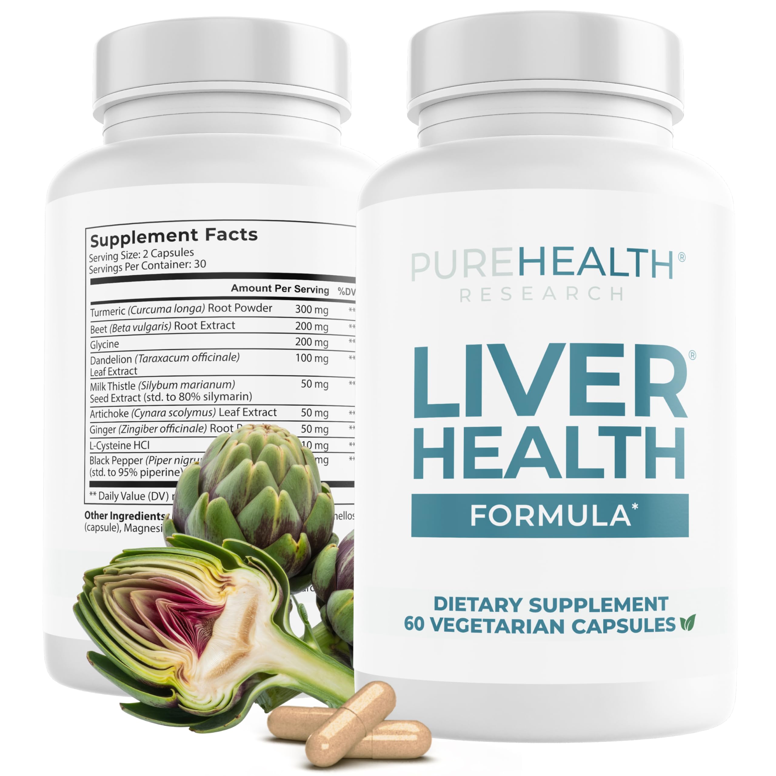 PUREHEALTH RESEARCH Liver Health – Liver Cleanse Detox & Repair Support Supplement- with Milk Thistle, Turmeric Powder, Dandelion, Artichoke, Beet Root, Ginger, L Cysteine HCL & More