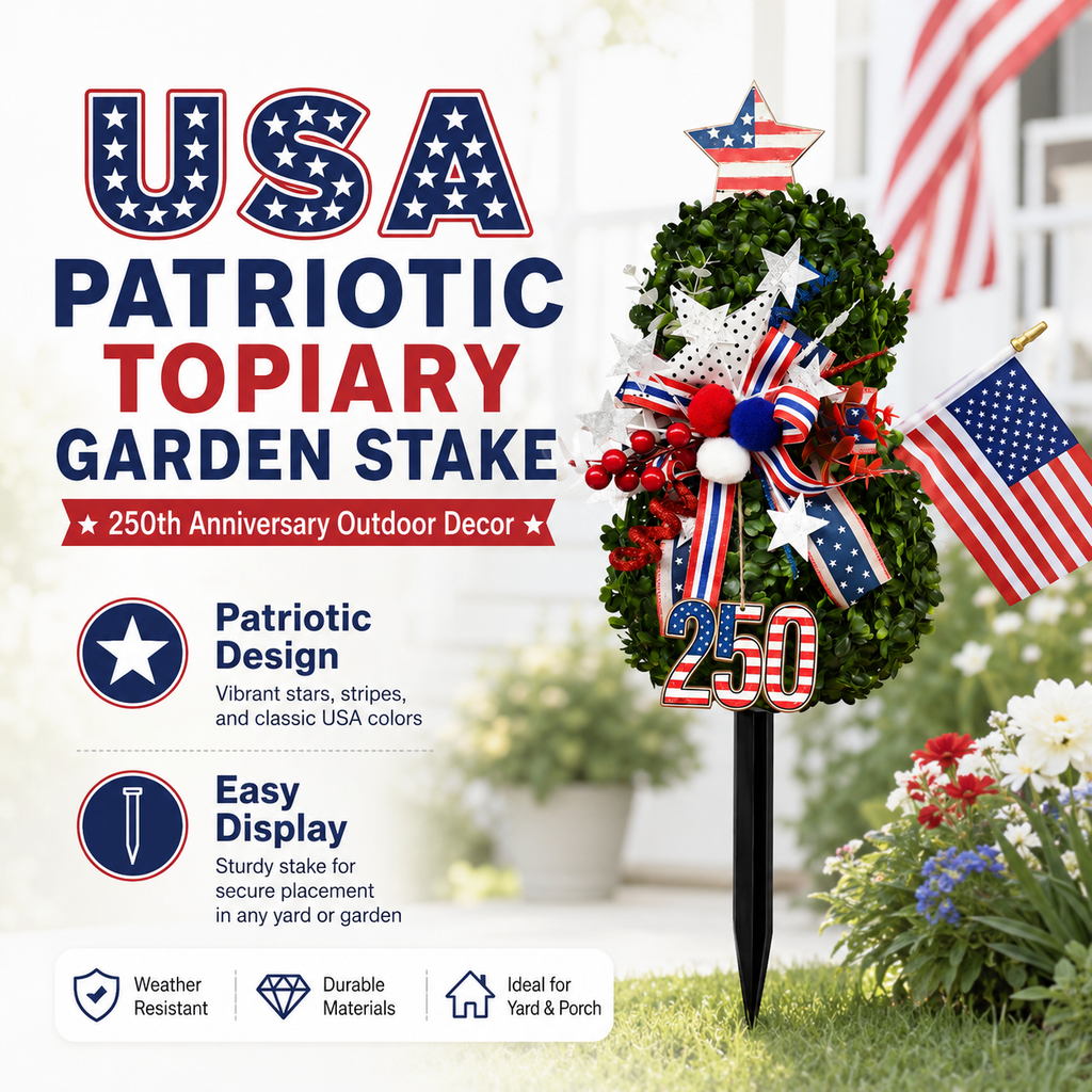 USA 250th Anniversary Patriotic Topiary Garden Stake, Red White Blue Yard Decor for 4th of July, Memorial Day & Independence Day