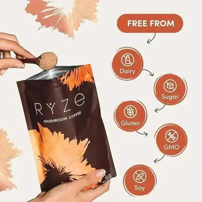 RYZE SUPERFOODS Mushroom Medium Roast Coffee Starter Kit, USDA Organic Instant Coffee with 6 Adaptogenic Mushrooms and for Energy, Focus, Digestion, Immunity with Lions Mane & Turkey Tail 30 Serving
